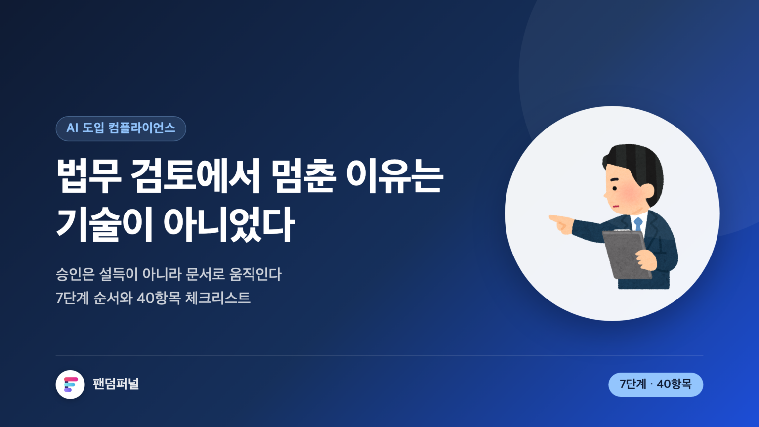 '법무 검토에서 멈춘 이유는 기술이 아니었다'는 문구가 크게 놓인 썸네일. 배경에 '반려'라는 낱말이 깔려 있고, 7단계 순서와 40항목 체크리스트를 담은 AI 도입 컴플라이언스 검토 글임을 알린다.