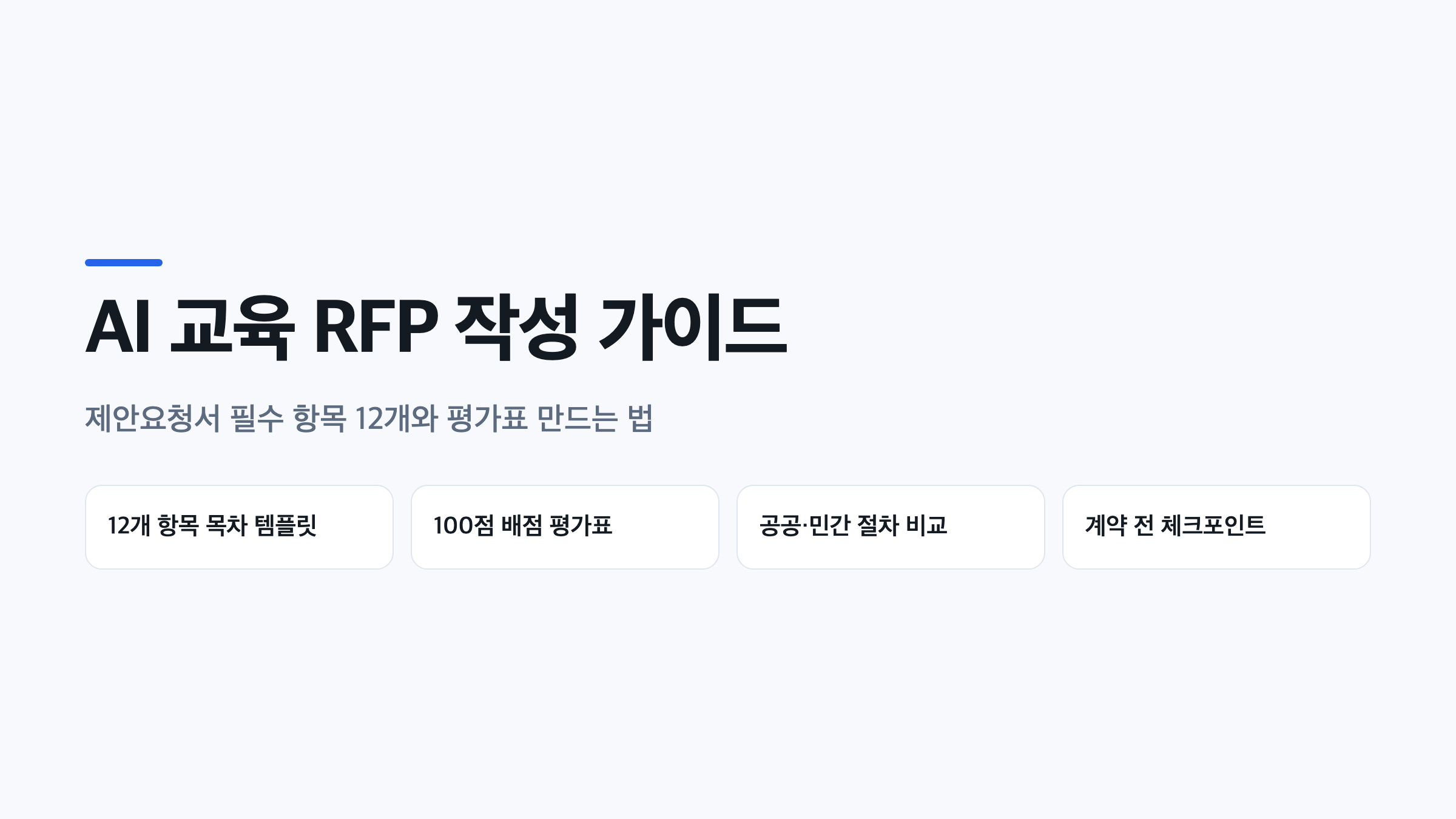 AI 교육 RFP 작성에 필요한 12항목 목차 템플릿과 100점 평가표, 절차 비교표를 정리한 표지 이미지