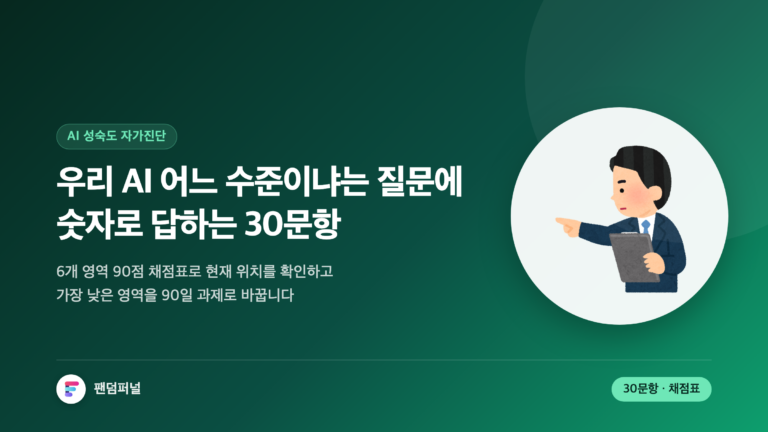 어두운 배경에 '90점'이 크게 깔린 썸네일. AI 성숙도 자가진단 30문항과 90점 채점표, 5단계 레벨 판정, 90일 액션플랜을 안내하는 글의 표지 이미지.