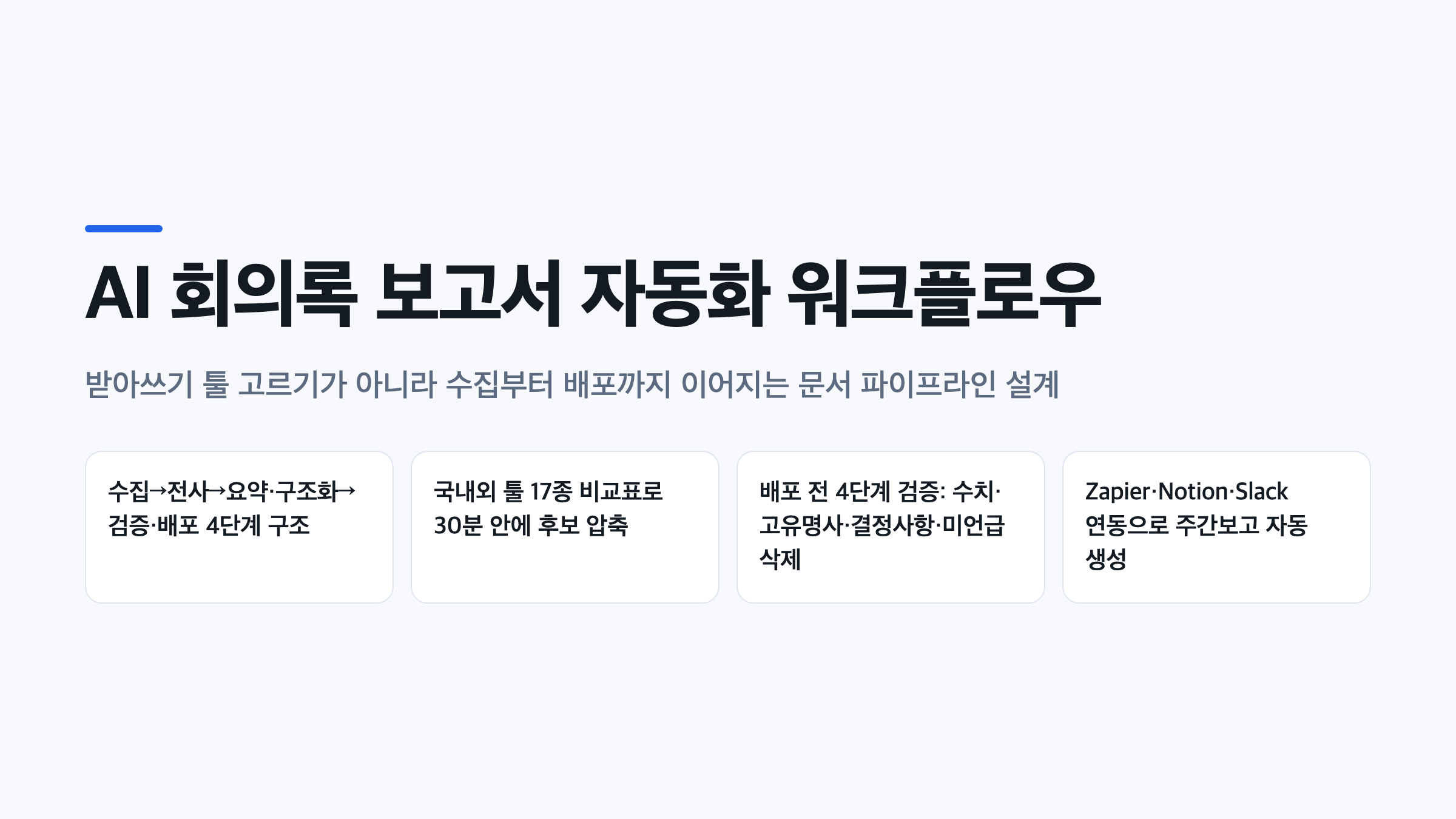 AI 회의록 보고서 자동화의 수집·전사·요약·검증 4단계 파이프라인과 핵심 요약을 담은 대표 이미지
