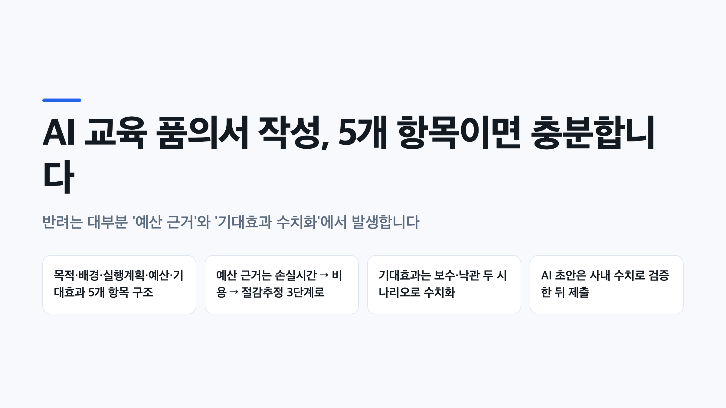 AI 교육 품의서 작성의 핵심인 목적·배경·실행계획·예산·기대효과 5개 항목과 반려 방지 포인트를 정리한 표지형 도식