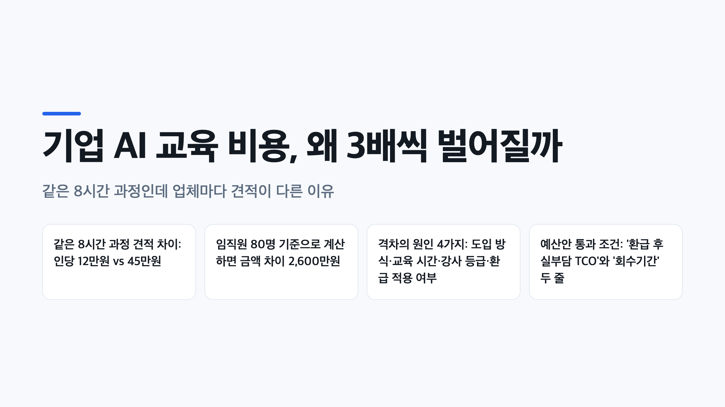 기업 AI 교육 비용 견적이 업체마다 인당 12만원에서 45만원까지 벌어지는 구조와 80명 기준 2,600만원 차이, 예산안 통과에 필요한 두 줄을 정리한 표지형 도식