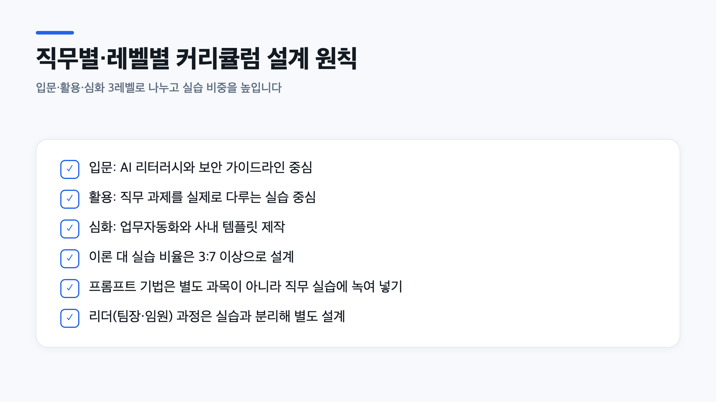 입문·활용·심화 3단계 레벨별 설계 원칙과 실습 비율 3대7, 리더 과정 분리 등 6가지 항목을 체크리스트로 정리한 도식