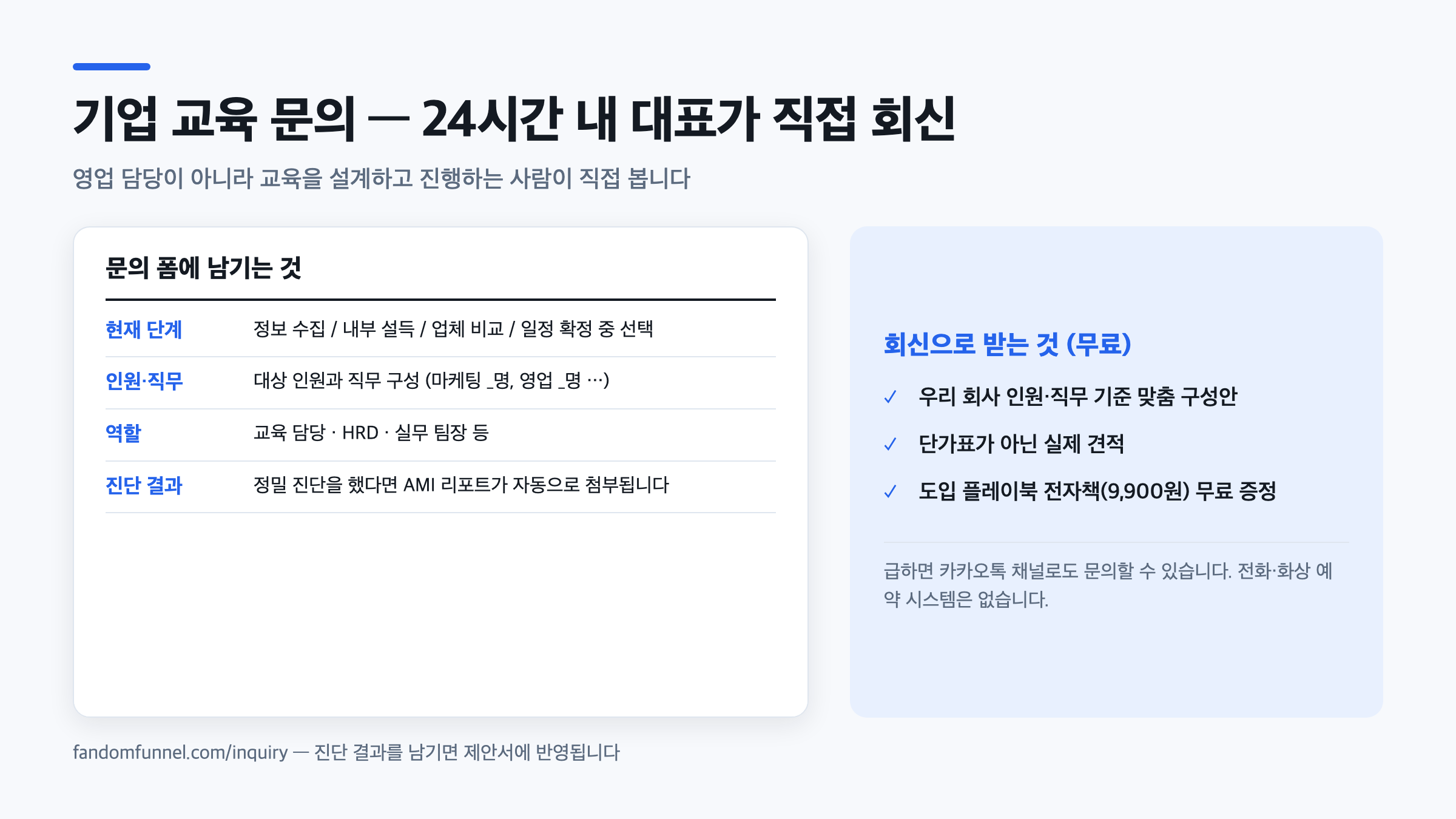 기업 AI 교육 문의 시 받는 것 미리보기 — 현재 단계와 인원·직무를 남기면 24시간 내 대표가 직접 검토한 맞춤 구성안과 견적을 회신