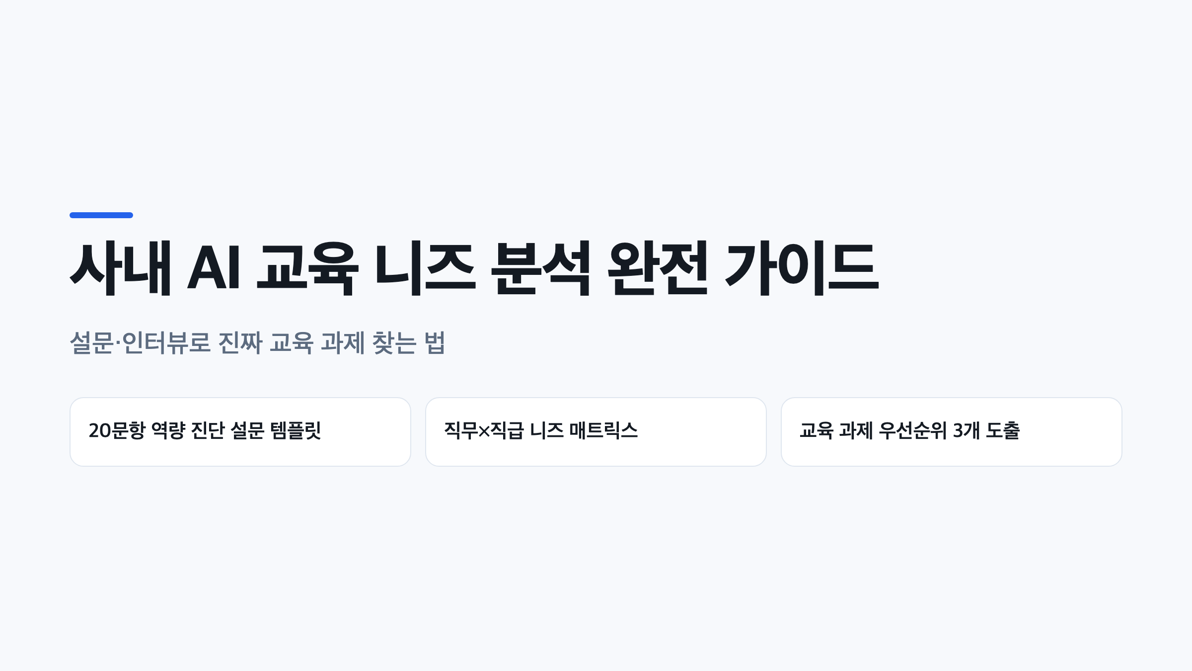 사내 AI 교육 니즈 분석 가이드 표지, 설문 템플릿과 니즈 매트릭스로 교육 과제를 도출하는 3가지 핵심 요소 표시