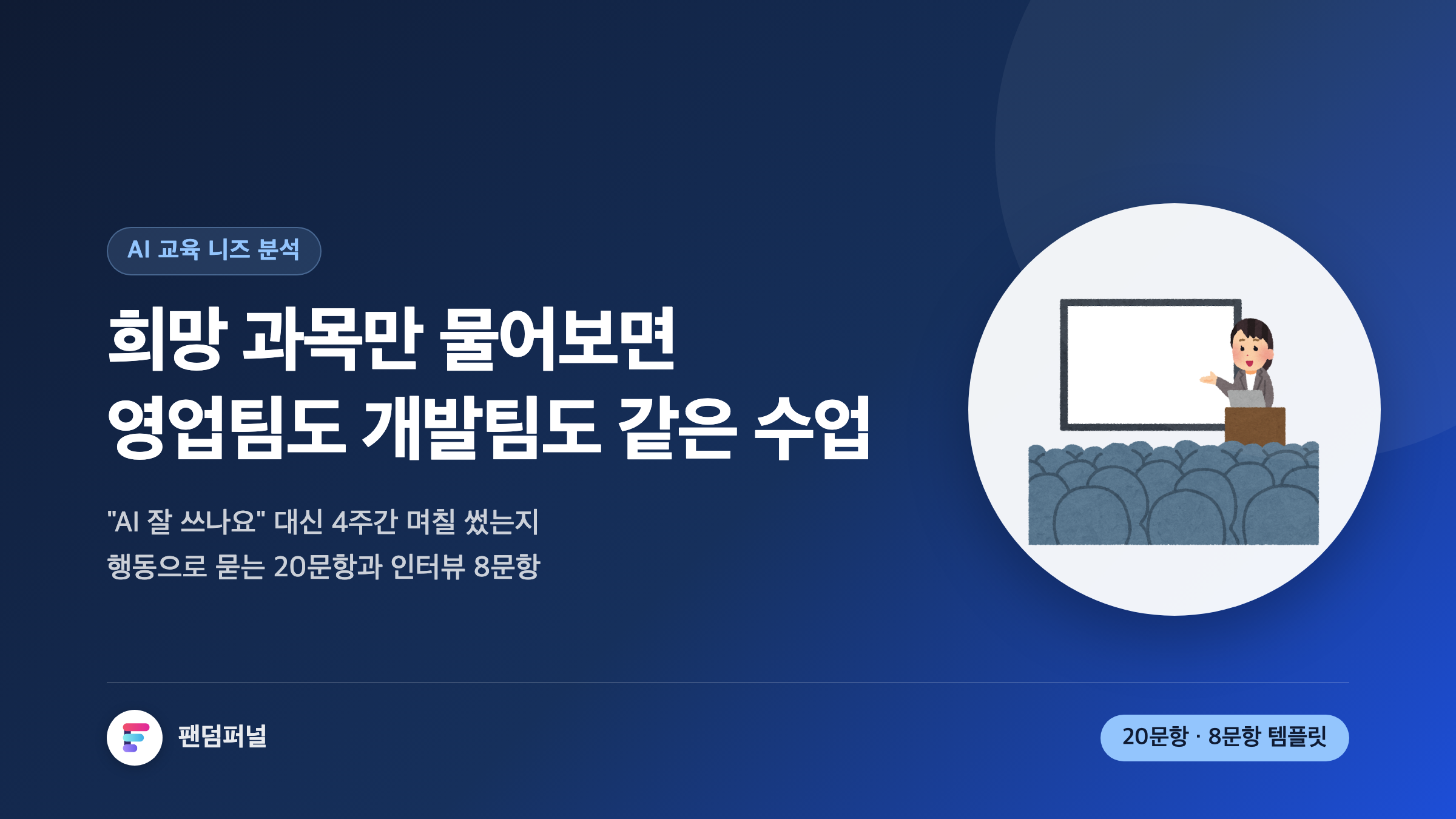 사내 AI 교육 니즈 분석을 주제로 한 썸네일. 희망 과목만 조사하면 직무가 달라도 같은 커리큘럼이 돌아간다는 문구와, 행동 기반 설문 20문항·실무자 인터뷰 8문항 템플릿을 제공한다는 안내가 담겨 있다.
