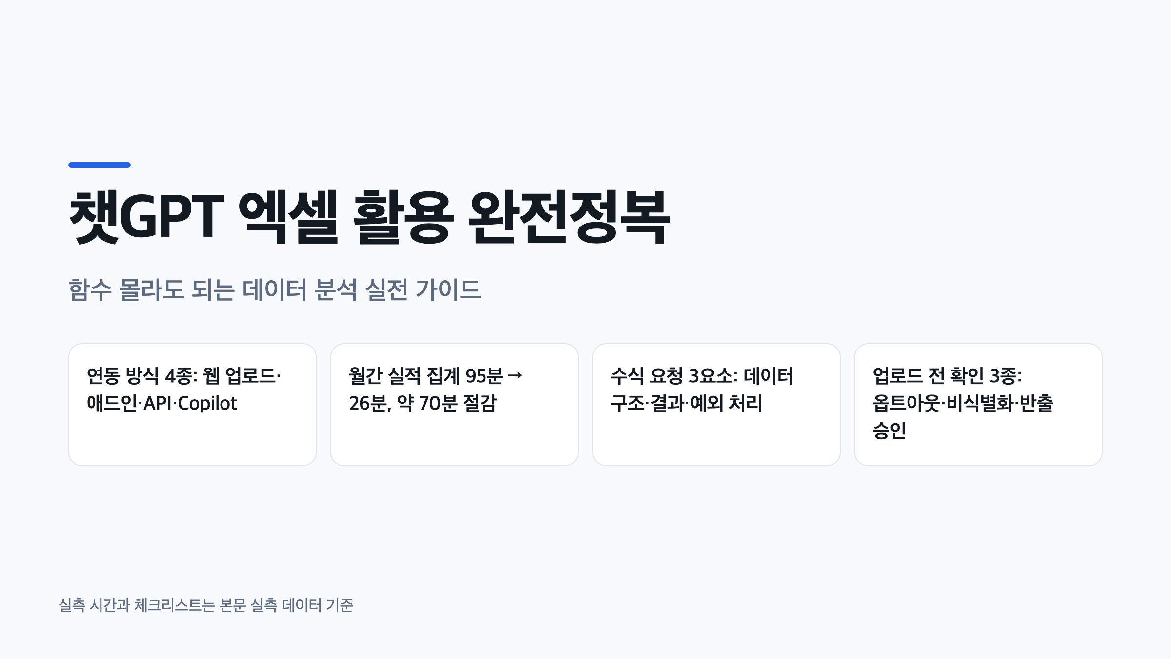 챗GPT 엑셀 활용의 핵심 내용을 요약한 표지 이미지, 연동 방식과 실측 시간 단축 수치 정리