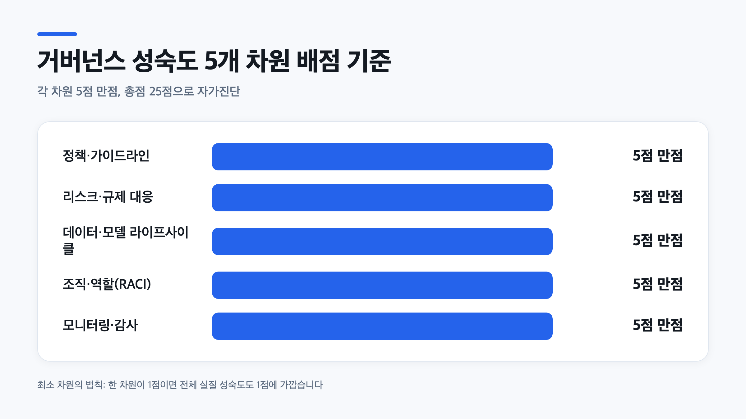 AI 리스크 관리 체계를 5개 차원 25점 척도로 채점하는 자가진단 스코어카드 구조