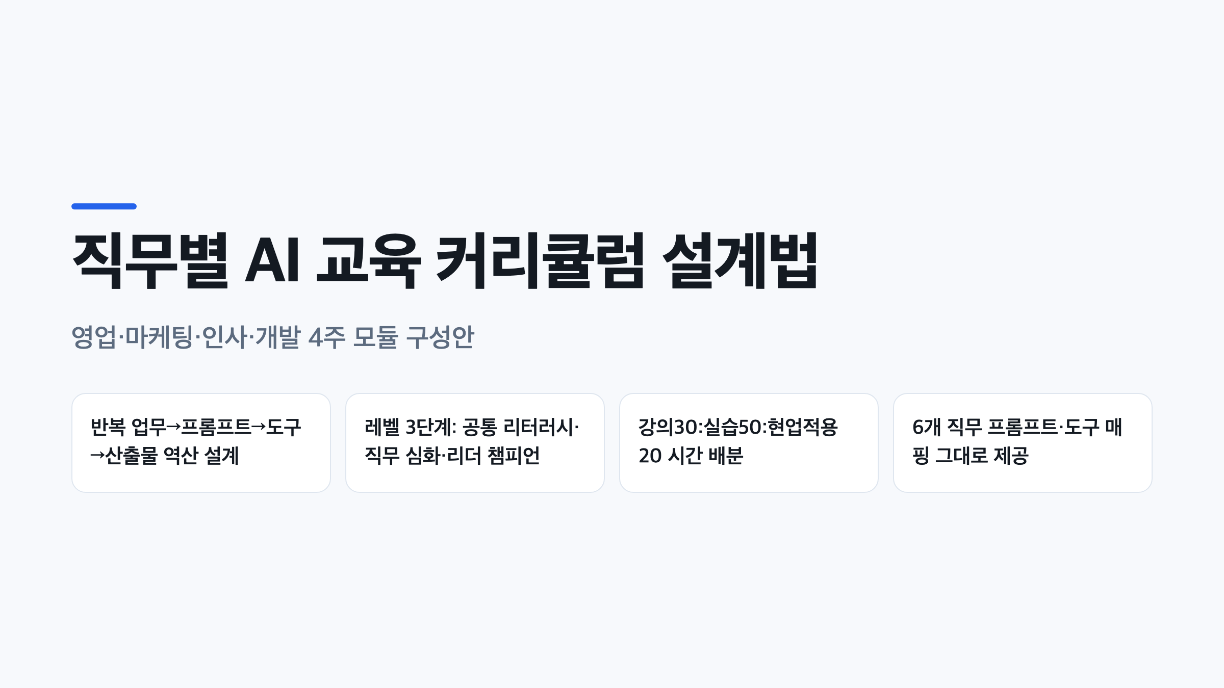 영업·마케팅·인사·개발 4주 모듈로 구성한 직무별 AI 교육 커리큘럼 설계 다이어그램