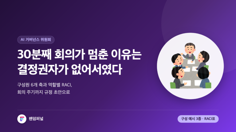 회의 탁자에 사람들이 모여 있지만 결재선이 비어 있는 모습을 배경으로, '30분째 회의가 멈춘 이유는 결정권자가 없어서였다'는 문구와 AI 거버넌스 위원회 구성원·RACI·회의 주기 템플릿을 안내하는 썸네일.
