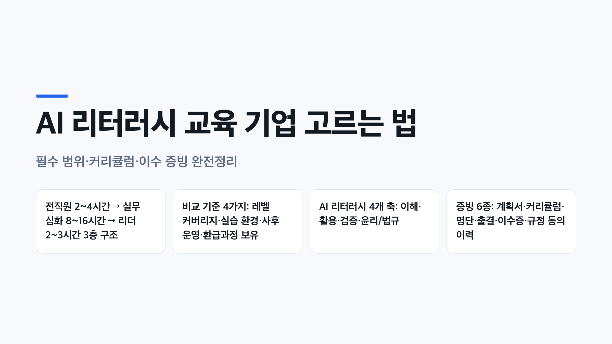 AI 리터러시 교육 기업 선택 기준과 레벨별 필수 교육 범위, 이수 증빙 체계를 정리한 인포그래픽