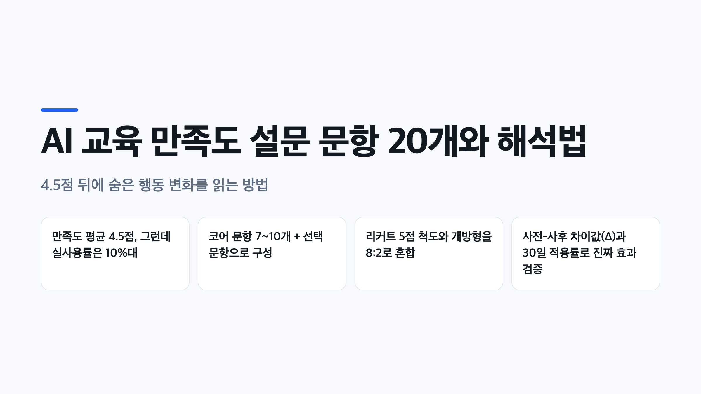 AI 교육 만족도 설문 문항 20개와 점수 해석 기준을 요약한 표지 이미지