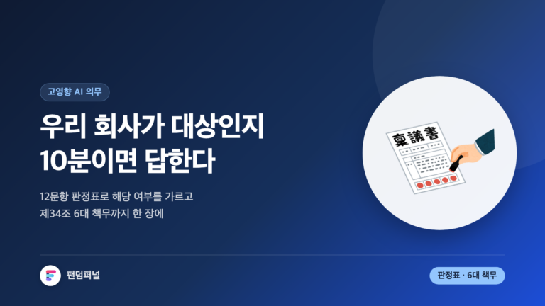고영향 AI 사업자 의무 판정을 주제로 한 썸네일. '우리 회사가 대상인지 10분이면 답한다'는 문구와 12문항 판정표, 제34조 6대 책무 체크리스트를 안내한다.