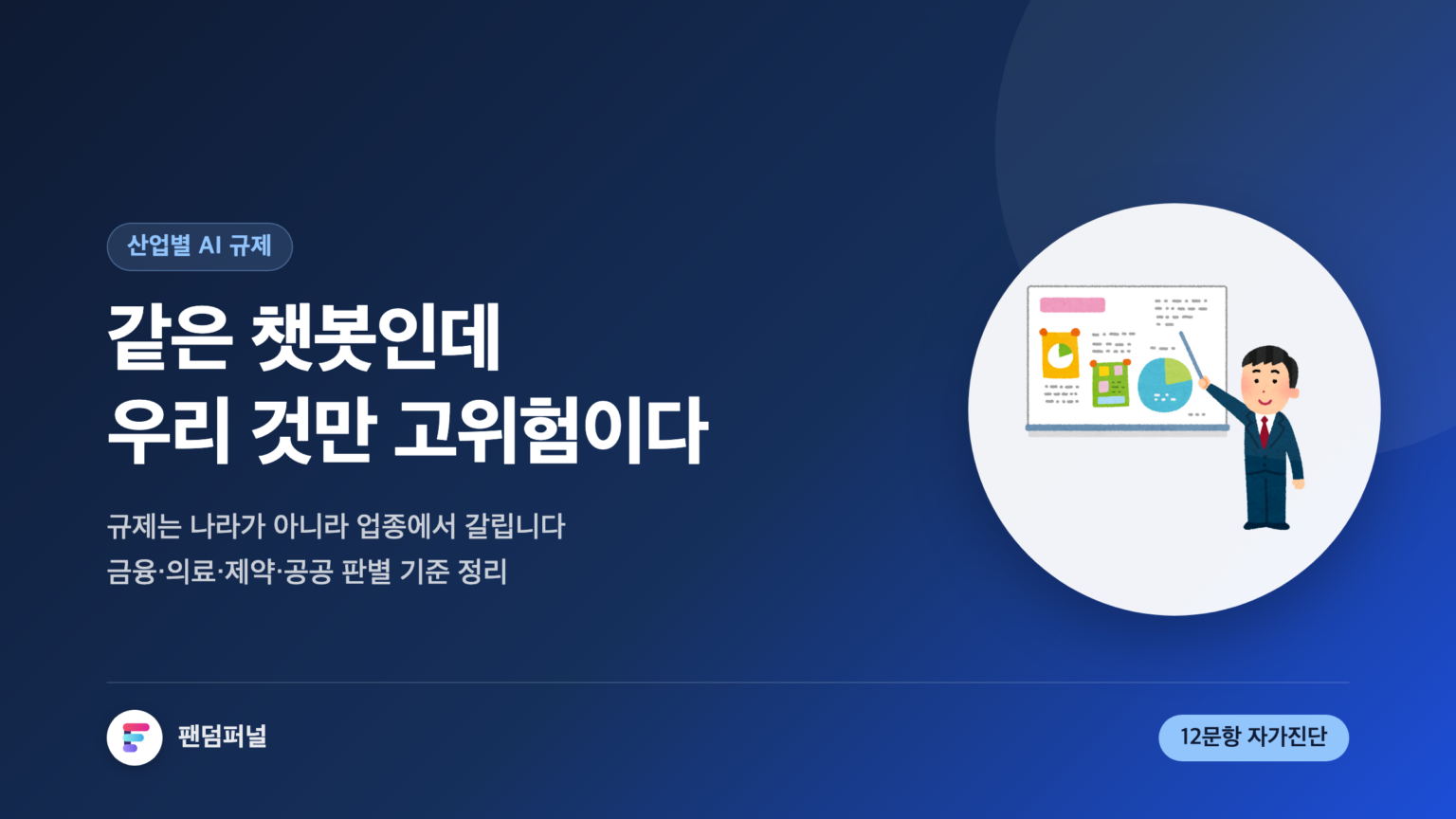 산업별 AI 규제 비교를 다룬 썸네일. '같은 챗봇인데 우리 것만 고위험이다'라는 문구와 금융·의료·제약·공공 업종별 판별 기준, 12문항 자가진단 안내가 함께 보인다.