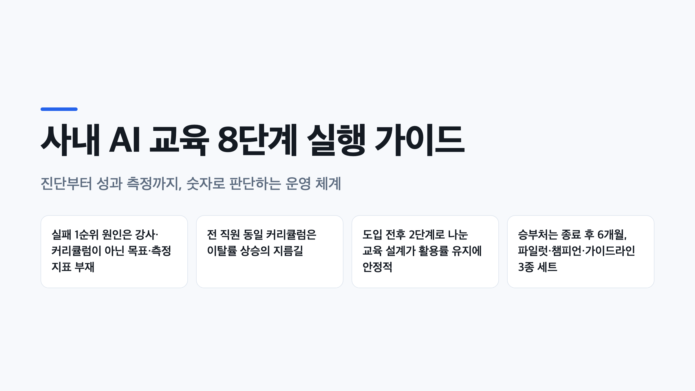 사내 AI 교육 8단계 실행 가이드의 핵심 요약을 보여주는 인포그래픽