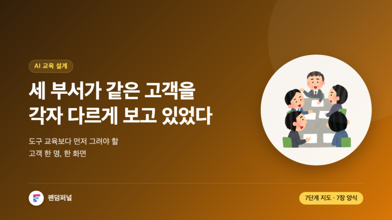 "세 부서가 같은 고객을 각자 다르게 보고 있었다"라는 문구가 큰 글씨로 놓인 썸네일. 기업 AI 교육을 도구 학습보다 고객 싱글뷰와 부서 역할·KPI 재정의부터 시작해야 한다는 글의 표지.