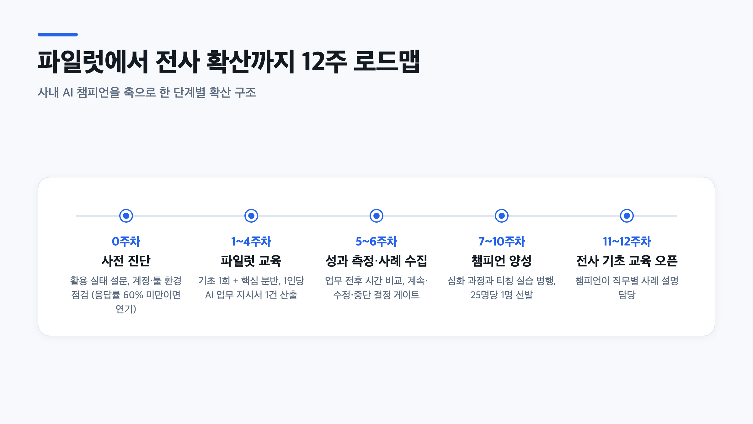 파일럿 교육부터 챔피언 양성, 전사 확산까지 12주 일정을 담은 AI 역량 강화 로드맵 타임라인