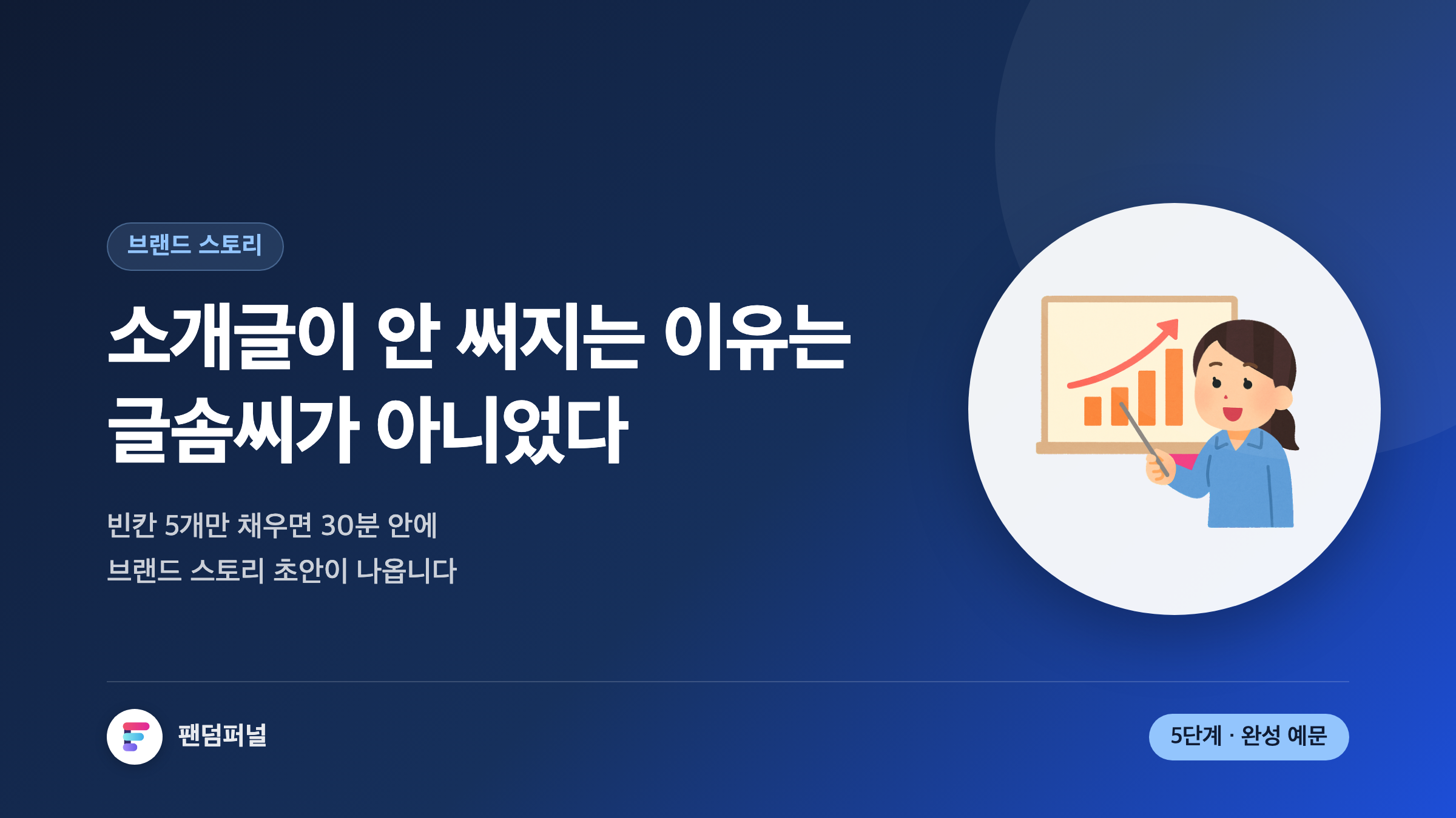 '소개글이 안 써지는 이유는 글솜씨가 아니었다'라는 문구와 '빈칸'이라는 큰 배경 글자가 있는 썸네일. 1인 사업자 브랜드 스토리를 5단계 페르소나 워크시트로 채우는 방법을 다룬 글.