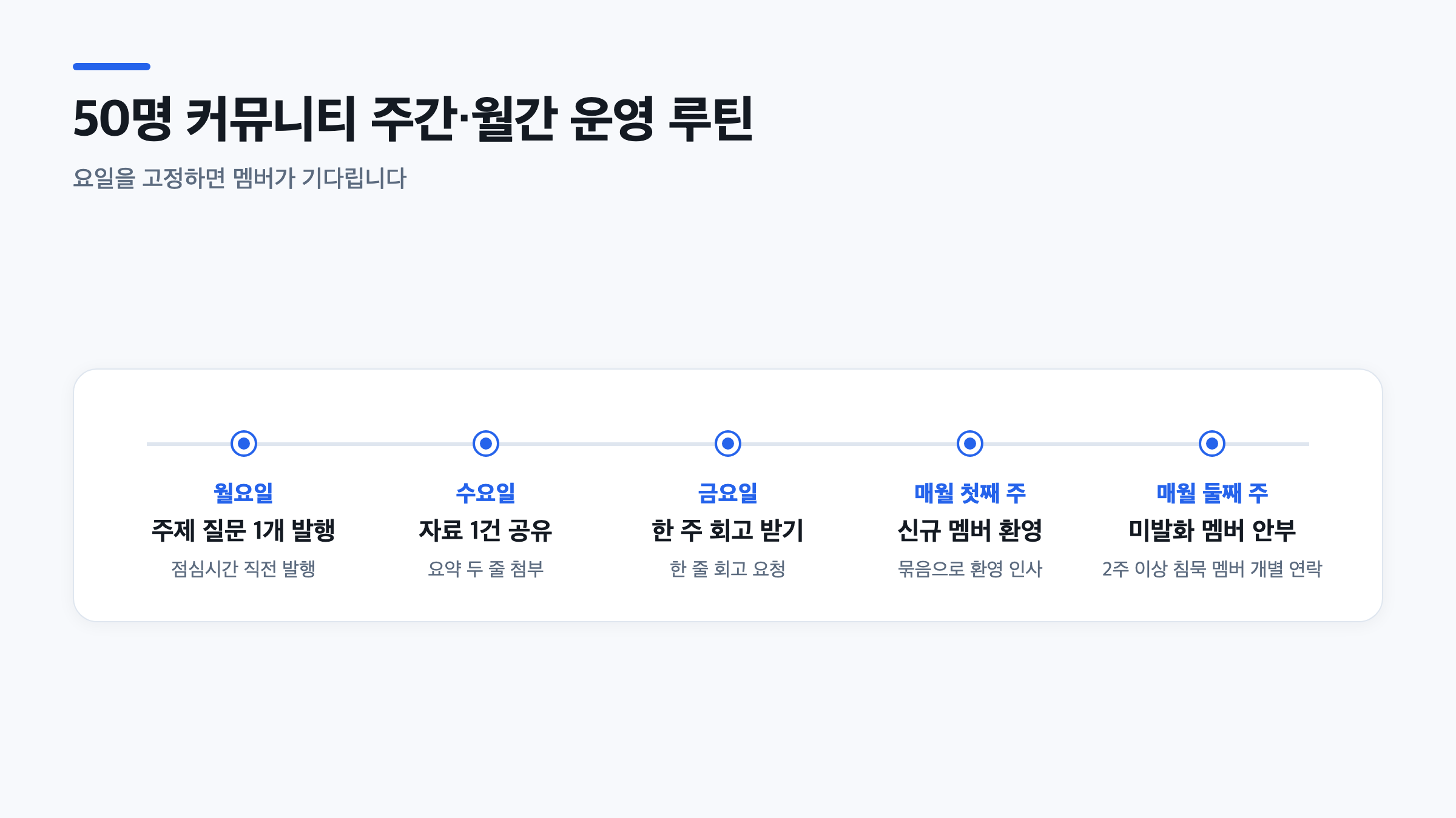 커뮤니티 규칙 만들기와 주간·월간 운영 루틴을 요일별로 정리한 캘린더형 타임라인 인포그래픽