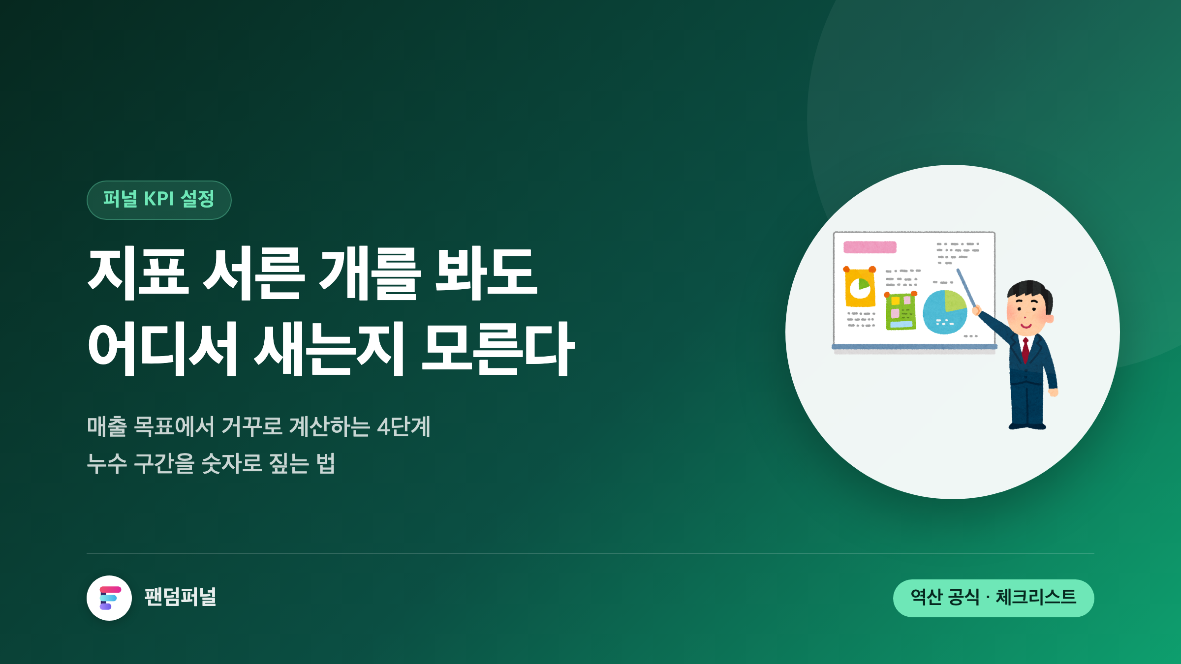 지표가 가득한 대시보드 앞에서 문제 지점을 못 찾는 상황을 나타낸 썸네일. 마케팅 퍼널 KPI를 단계별로 짝짓고 매출 목표에서 역산해 누수 구간을 진단하는 방법을 다룬 글.