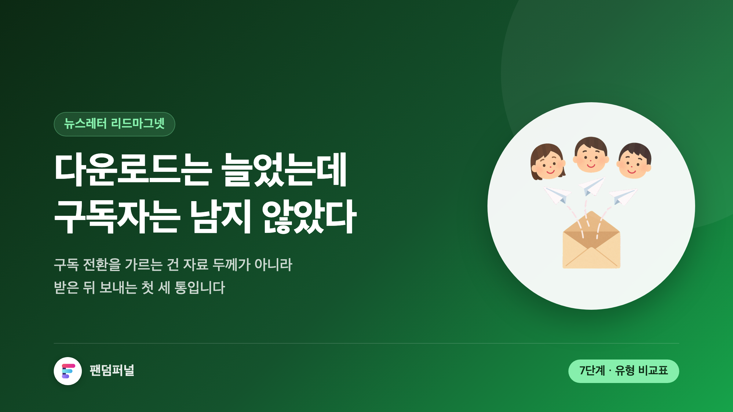다운로드 수보다 구독 전환이 중요하다는 문구가 적힌 썸네일. 뉴스레터 리드마그넷을 설계해 구독 전환율과 잔존율을 올리는 7단계를 다루는 글.