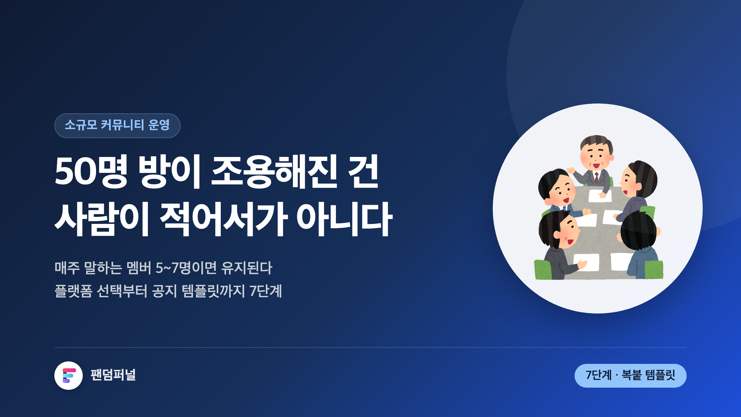 소규모 커뮤니티 운영 방법을 다룬 썸네일. '50명 방이 조용해진 건 사람이 적어서가 아니다'라는 문구와 배경의 큰 글자 '침묵', 7단계 체크리스트와 복사해 쓰는 공지 템플릿 제공 표시.