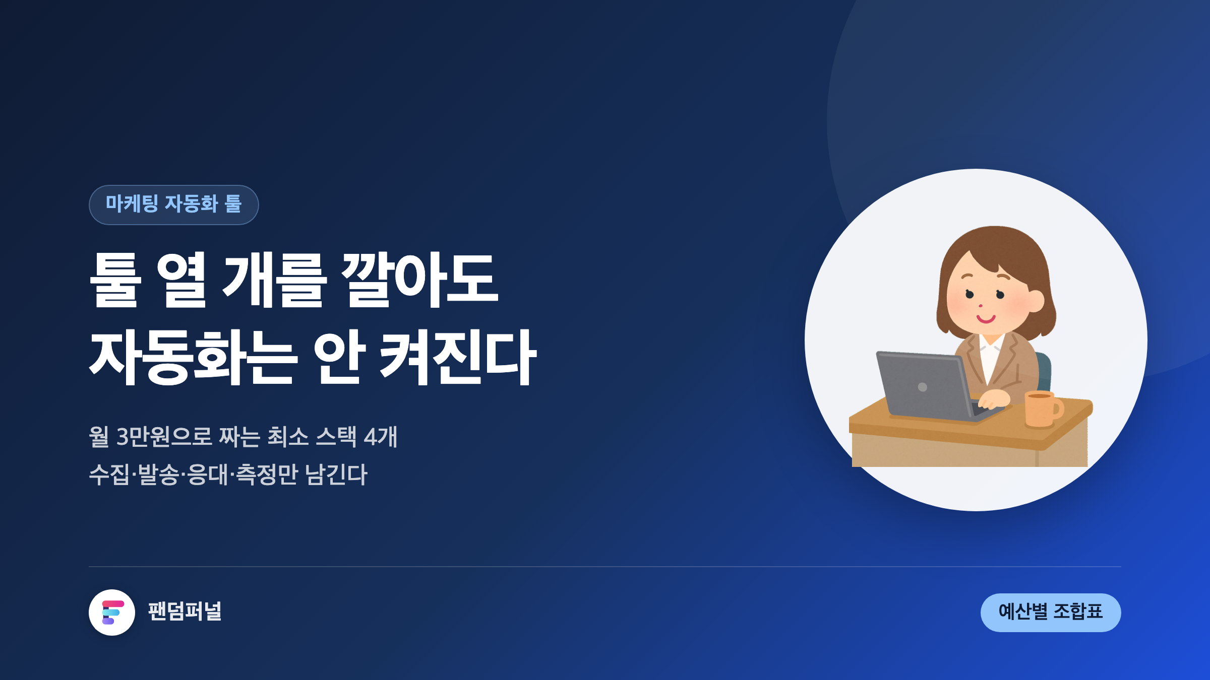 어두운 배경에 '툴 열 개를 깔아도 자동화는 안 켜진다'는 문구가 크게 적힌 썸네일. 1인 사업자가 월 3만원 예산으로 수집·발송·응대·측정 네 역할만 채우는 최소 마케팅 자동화 스택을 다룬 글.